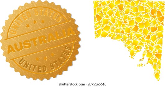 Golden composition of yellow parts for South Australia map, and gold metallic United States Australia stamp seal. South Australia map composition is made of random golden parts.