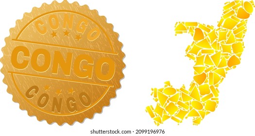 Golden composition of yellow for Republic of the Congo map, and golden metallic Congo stamp. Republic of the Congo map composition is created from random golden items.