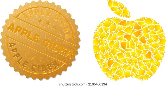 Golden composition of yellow spots for apple icon, and gold metallic Apple Cider badge. Apple icon mosaic is composed of randomized gold particles.