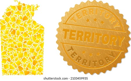 Golden composition of yellow spots for Australian Northern Territory map, and golden metallic Territory stamp seal. Australian Northern Territory map composition is constructed from random gold spots.