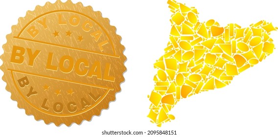 Golden composition of yellow spots for Catalonia map, and gold metallic By Local badge. Catalonia map collage is designed of random golden spots.