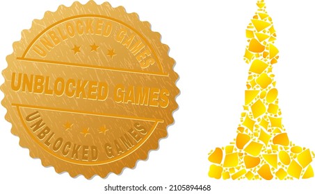 Golden composition of yellow spots for chess bishop icon, and golden metallic Unblocked Games seal. Chess bishop icon composition is designed of scattered golden particles.