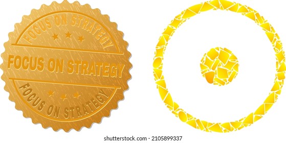 Golden composition of yellow spots for circle center icon, and gold metallic Focus on Strategy stamp seal. Circle center icon collage is created from randomized golden spots.