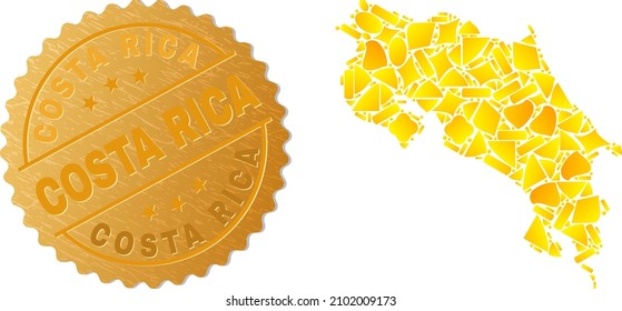 Goldene Komposition von gelben Flecken für Costa Rica Karte, und goldenes metallisches Costa Rica Stempel-Siegel. Costa Rica Karte Collage ist mit verstreuten goldenen Flecken gemacht.