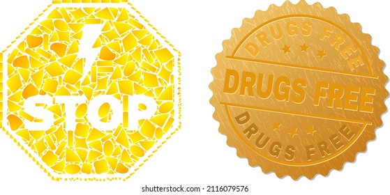 Golden composition of yellow spots for electricity stop octagon icon, and golden metallic Drugs Free watermark. Electricity stop octagon icon composition is made of scattered golden spots.