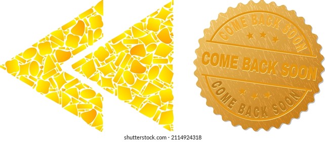 Golden Composition Of Yellow Spots For Fast Rewind Back Icon, And Golden Metallic Come Back Soon Seal Imitation. Fast Rewind Back Icon Composition Is Created Of Scattered Gold Items.