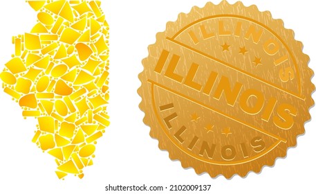 Golden composition of yellow spots for Illinois State map, and golden metallic Illinois seal imitation. Illinois State map composition is formed of randomized golden items.