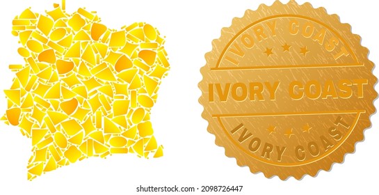 Golden composition of yellow spots for Ivory Coast map, and golden metallic Ivory Coast stamp. Ivory Coast map composition is created with random gold spots.