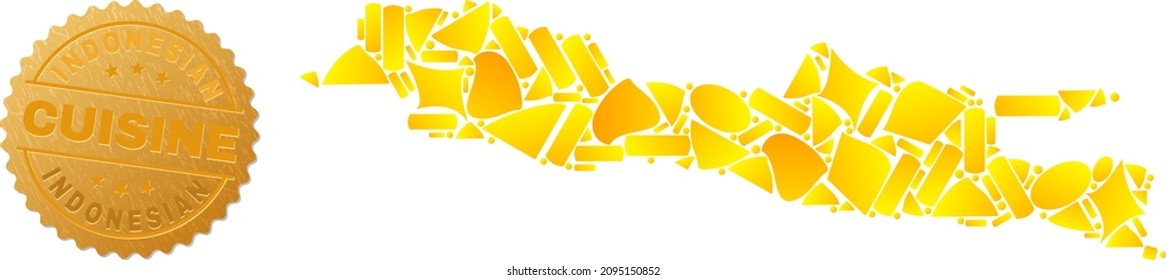 Golden composition of yellow spots for Java Island map, and golden metallic Indonesian Cuisine badge. Java Island map composition is designed with scattered gold spots.