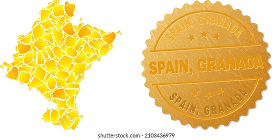 Golden composition of yellow spots for Navarra Province map, and golden metallic Spain, Granada badge. Navarra Province map composition is done of randomized golden spots.