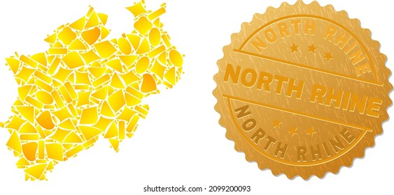 Golden composition of yellow spots for North Rhine-Westphalia Land map, and golden metallic North Rhine watermark.