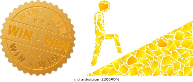 Golden composition of yellow spots for person climbing up icon, and gold metallic Win - Win stamp seal. Person climbing up icon composition is organized of randomized gold elements.