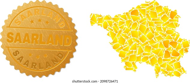 Golden composition of yellow spots for Saarland Land map, and golden metallic Saarland badge. Saarland Land map mosaic is made of scattered golden spots.