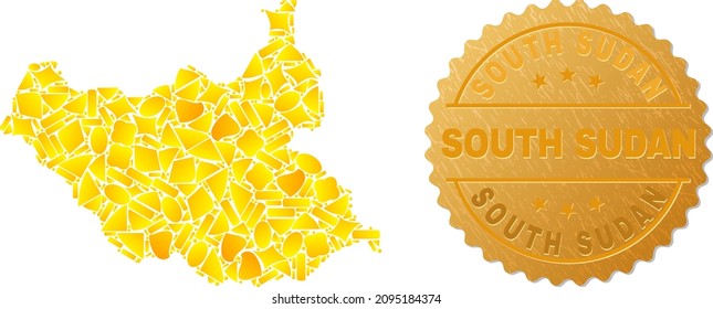 Golden composition of yellow spots for South Sudan map, and golden metallic South Sudan seal imitation. South Sudan map composition is formed from random golden particles.