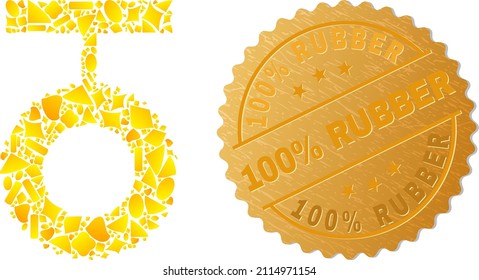 Golden composition of yellow spots for tire swing icon, and golden metallic 100 percent Rubber stamp seal. Tire swing icon collage is composed of randomized golden items.