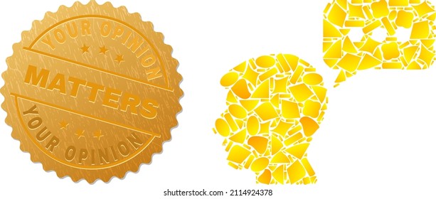 Golden composition of yellow spots for user mention icon, and golden metallic Your Opinion Matters badge. User mention icon composition is formed from randomized golden spots.