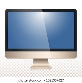 Golden computer, with a blank screen, view front, isolated on white - transparancy background.