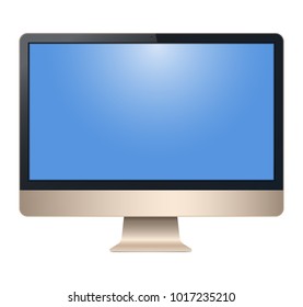 Golden computer imac, with a blank screen, view front, isolated on white background. To represent your application