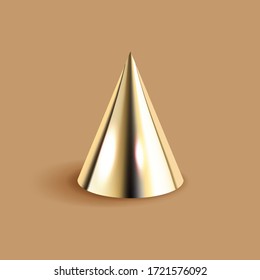 Goldener Kegel 3D geometrische Form, brauner Hintergrund. Abstraktes Rendering aus glänzendem Metall. dekorative mathematische Figur, Vektorgrafik in realistischem Stil
