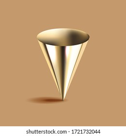 Goldener Kegel 3D geometrische Form, brauner Hintergrund. Abstraktes Rendering aus glänzendem Metall. dekorative mathematische Figur, Vektorgrafik in realistischem Stil