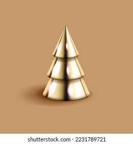 Golden cone 3D geometric shape, brown background. Shiny metal abstract form rendering. Decorative mathematical figure vector illustration in realistic style