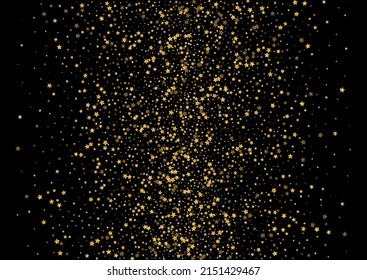 Golden Confetti Hintergrund, schwarzer Vektorgrafik. Spark Grunge Texture. Heller Urlaub. Reflektionsvorlage. Gold Star Blink.