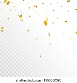 Golden confetti background. Celebrate event card. Glitter falling paper. Anniversary party. Carnival serpentine and tinsel poster. Birthday surprise decoration. Festive banner. Vector illustration.