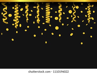 Golden confetti background, Flying ribbons confetti. Festive holiday background