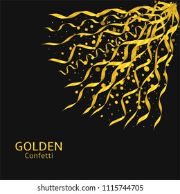 Golden confetti background, Flying ribbons confetti. Festive holiday background