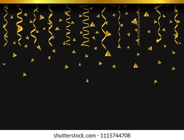 Golden confetti background, Flying ribbons confetti. Festive holiday background