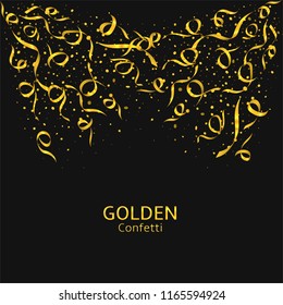 Golden confetti background, Flying ribbons confetti. Festive holiday background