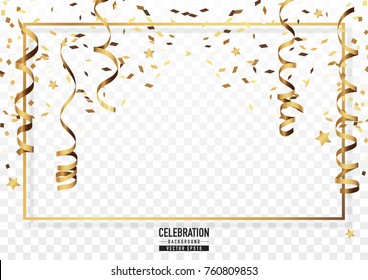 Golden Confetti Background With Frame In Celebration Concept.