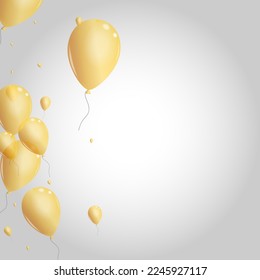 Vector gris de fondo de confetti dorado. Banner de feriado de helio. Globo de oro volador. Tarjeta de felicitación de aire.
