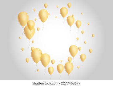 Golden Confetti Background Gray Vector. Balloon Light Template. Yellow Falling Ballon. Air Holiday Border.