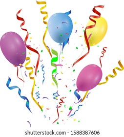 Golden confetti background with Party poppers and air balloons isolated. Birthday background. Festive vector illustration