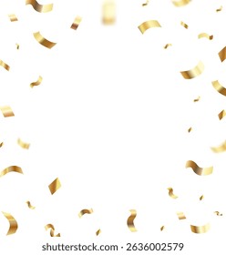Golden confetti background. Realistic flying gold particles and white space. Abstract wedding frame, party new year, festive banner for ad, birthday