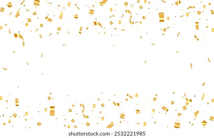 Golden confetti background. Shiny carnival decoration. Bright festive tinsel of gold color. Holiday poster concept.