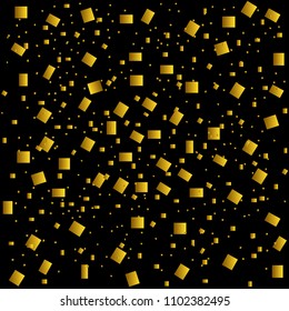 Golden confetti background, square flying confetti. Festive holiday background