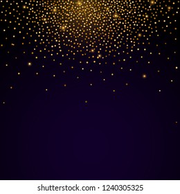 Golden confetti background Vector illustration Falling golden shiny dust on a dark background Design template with copy space