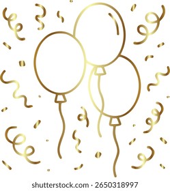 Golden confetti with balloons in transparent background