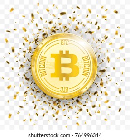 Golden confetti with bitcoin on the checked background. Eps 10 vector file.