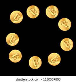 Golden confetti. Golden bitcoins. Coins are falling down. Bitcoins rain. Vector illustration