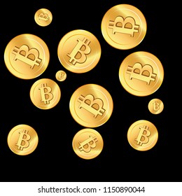 Golden confetti. Golden bitcoins. Coins are falling down. Bitcoins rain. Vector illustration