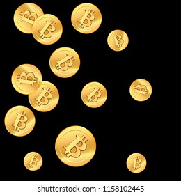 Golden confetti. Golden bitcoins. Coins are falling down. Bitcoins rain. Vector illustration