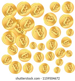 Golden confetti. Golden bitcoins. Coins are falling down. Bitcoins rain. Vector illustration