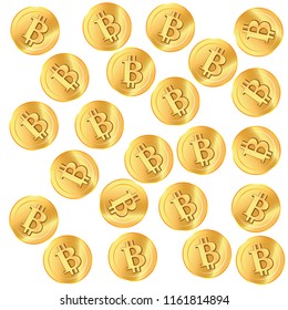 Golden confetti. Golden bitcoins. Coins are falling down. Bitcoins rain. Vector illustration