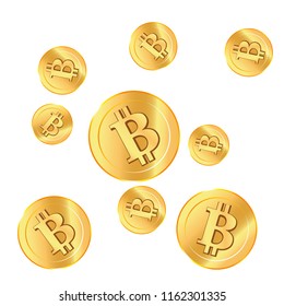 Golden confetti. Golden bitcoins. Coins are falling down. Bitcoins rain. Vector illustration