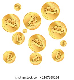 Golden confetti. Golden bitcoins. Coins are falling down. Bitcoins rain. Vector illustration