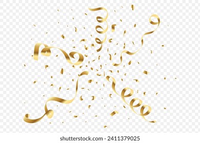 Golden confetti blast background vector on a transparent background. Confetti and party tinsel falling with golden color. Party, anniversary, or birthday celebration gold foil and confetti vector.