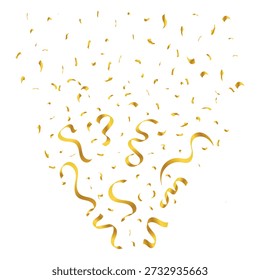 Golden Confetti Blast with Falling Ribbons on White Background.  Party, Anniversary or Birthday Celebration Element Vector. Party Tinsel Falling Background For Sale.